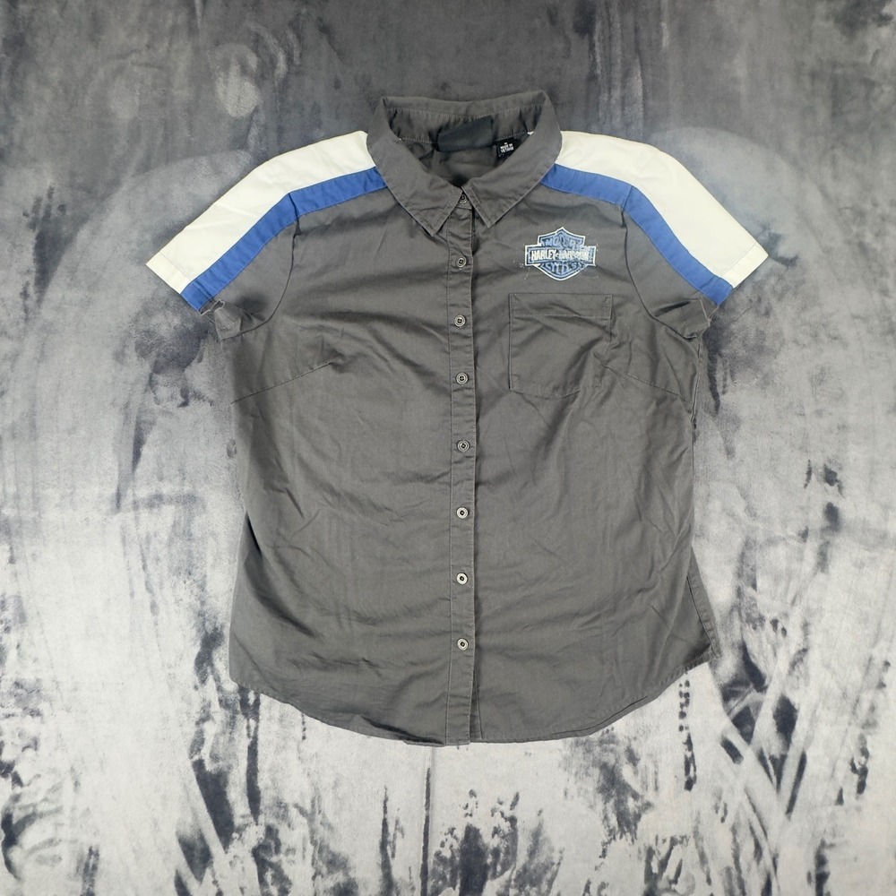 Harley-Davidson Button Up Shirt Womens Medium Gray Blue White Racing Stripe 4896